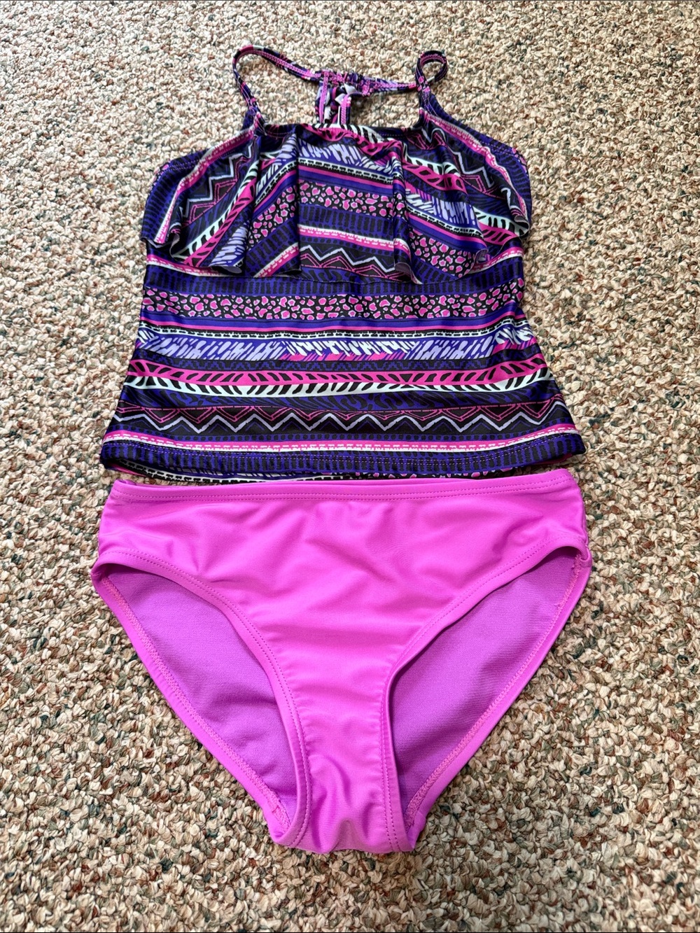 SO Girls Purple and Pink Patterned Tankini Set